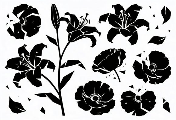 Black Floral Lily Poppy Stencil SVG