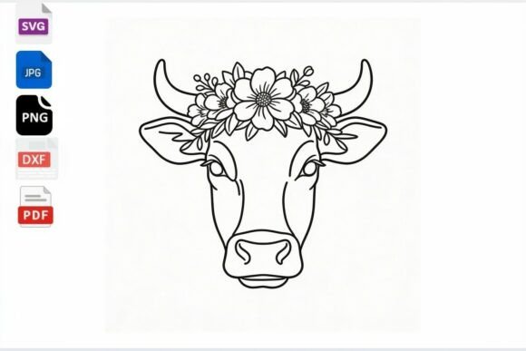 Floral Cow Head Line Art SVG