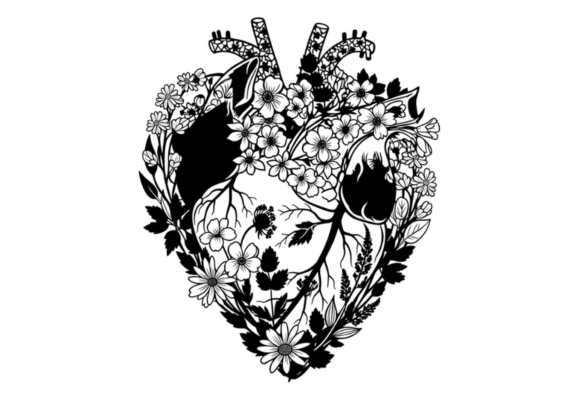Floral Heart Black and White SVG Cut