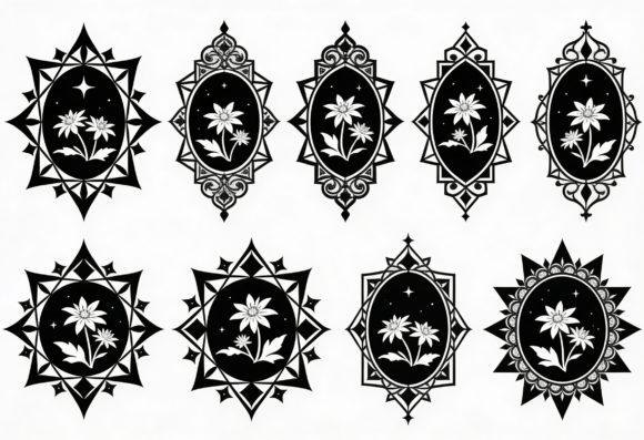 Floral Medallion Black and White SVG
