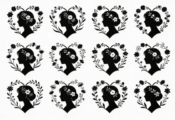 Floral Silhouette Heart Woman SVG Bundle