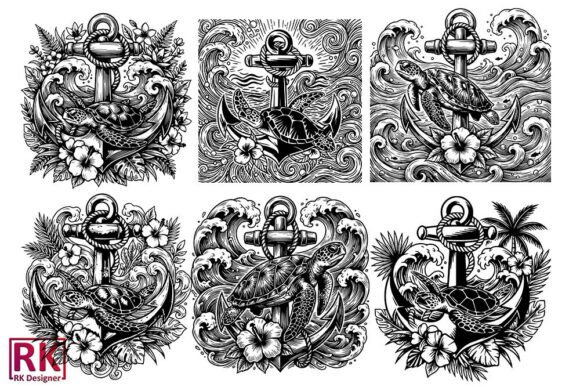 Floral Turtle with Anchor SVG Bundle