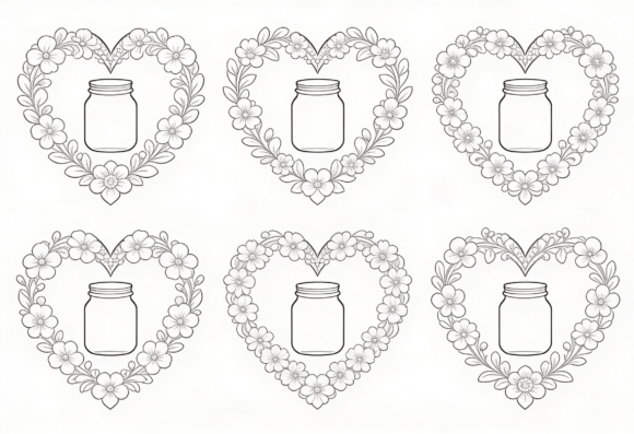 Heart Floral Jar Outline Design SVG