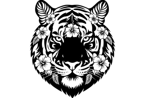 Tiger Floral Face Black and White SVG