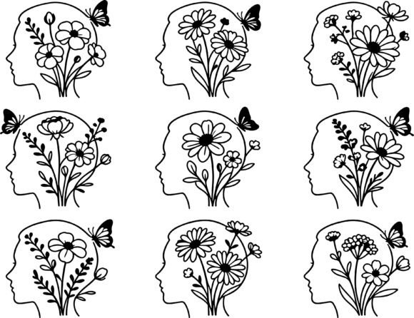 Woman Head Floral Butterfly Line Art SVG